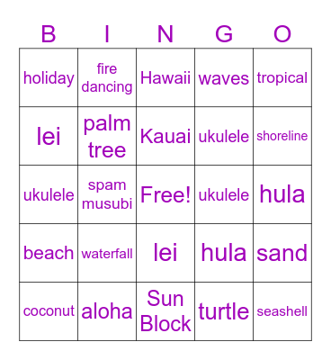 Vacation Bingo Card