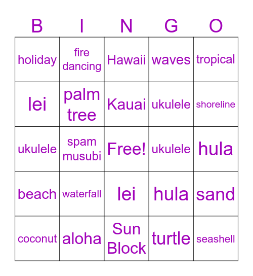 Vacation Bingo Card