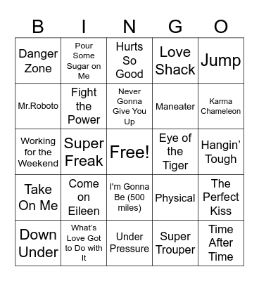 80s Music Bingo Card