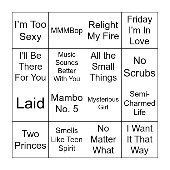 90s Music Bingo Round 1 Bingo Card