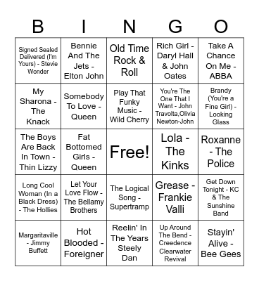 Summer Hits of the 70's Bingo Card