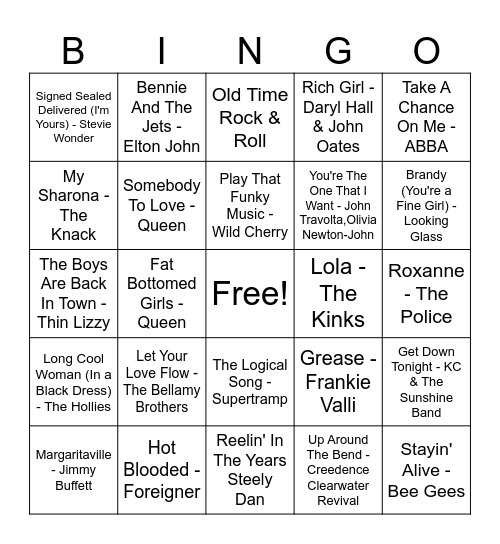 Summer Hits of the 70's Bingo Card