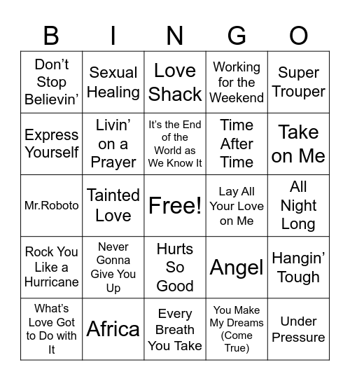 80s Music Bingo Card