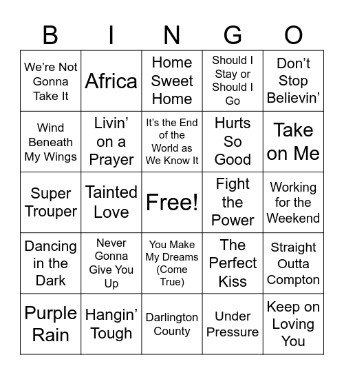 80s Music Bingo Card