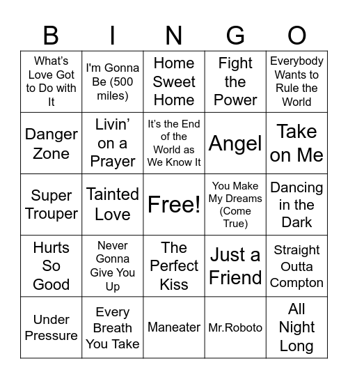80s Music Bingo Card