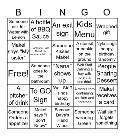 Makel Birthday Dinner Bingo  Bingo Card
