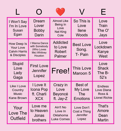 Rachel’s Love Song Bingo Card