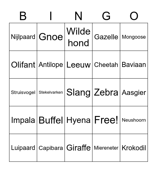 Safari Bingo Card