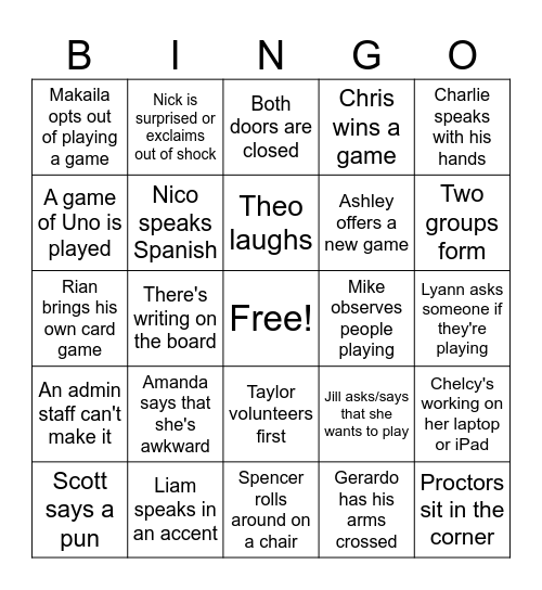 Team Building Bingo Card