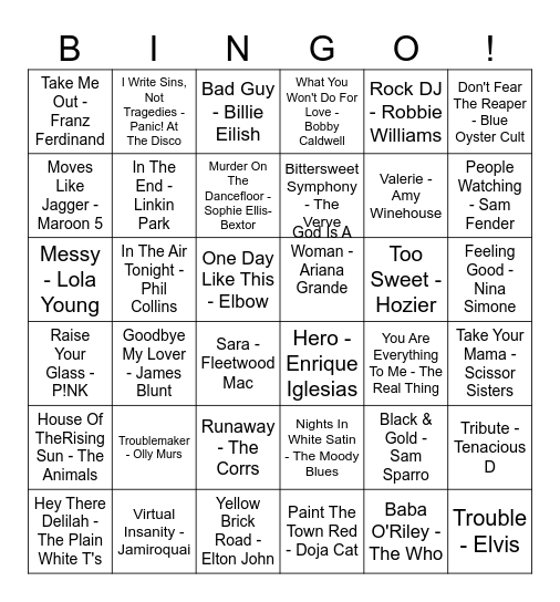 Our House Musical Bingo! Bingo Card