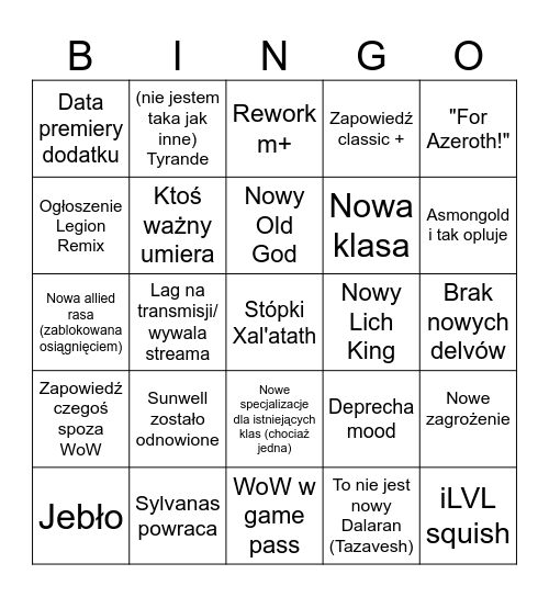 Midnight WoW live i blogi Bingo Card