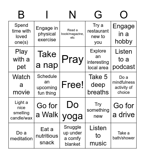 Self-Care & Personal Wellness Bingo Card
