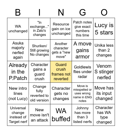 Lucy Patch Bingo Card