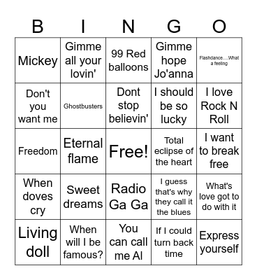 Back to the 80's Bingo Card
