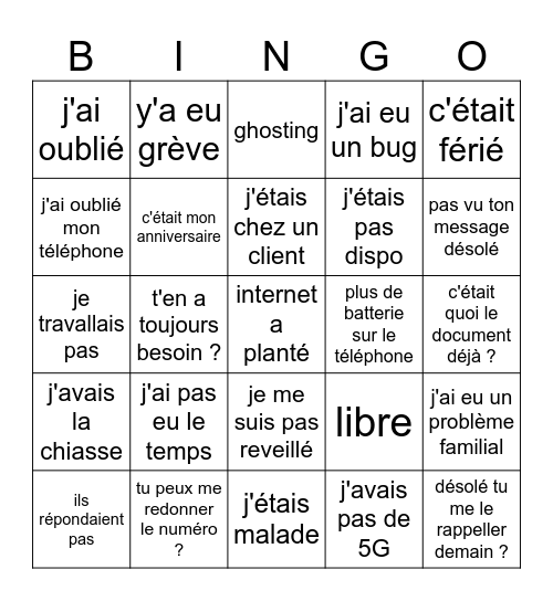 Excuses ancien patron Bingo Card
