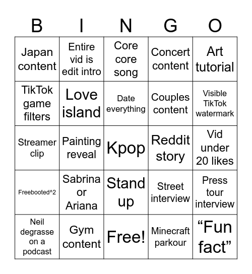 Yt shorts bingo Card