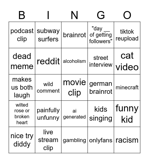 Ig Reels Innit Bingo Card