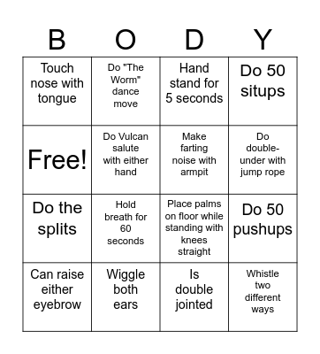 Human Bingo - Body Edition Bingo Card