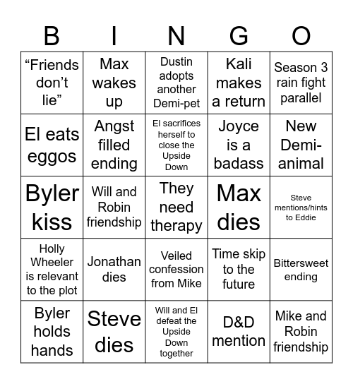 Stranger Things Season 5 Bingo Card