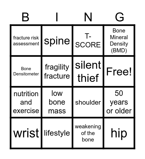 OSTEOPOROSIS BINGO Card