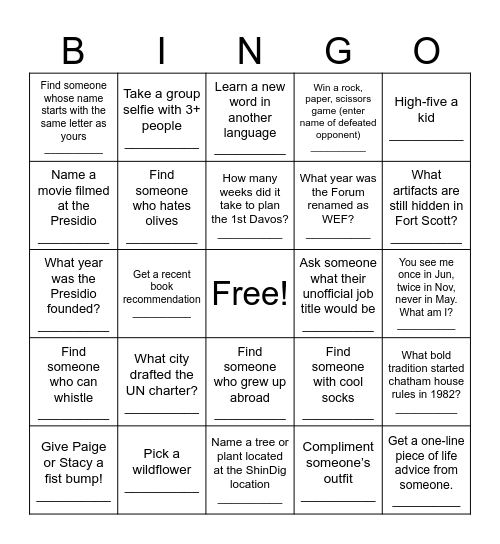SF Summer Outing Bingo Card