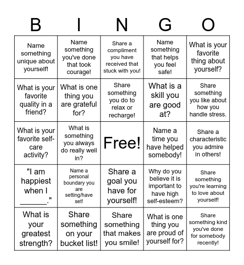 Self-Esteem Bingo! Bingo Card
