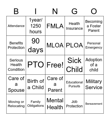 Leave of Absence Bingo Card