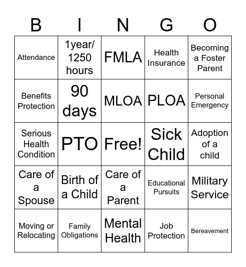 Leave of Absence Bingo Card