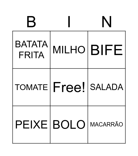 BINGO DOS ALIMENTOS Bingo Card