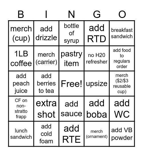Starbucks Upsell Bingo Card
