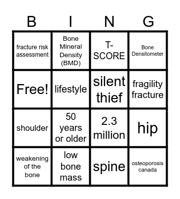 OSTEOPOROSIS BINGO Card