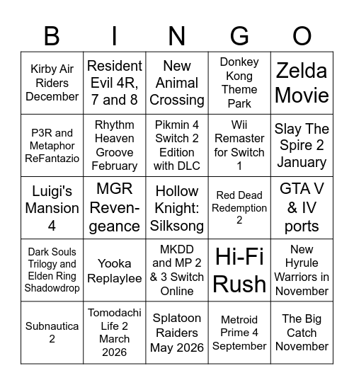 Nintendo Direct Bingo Card