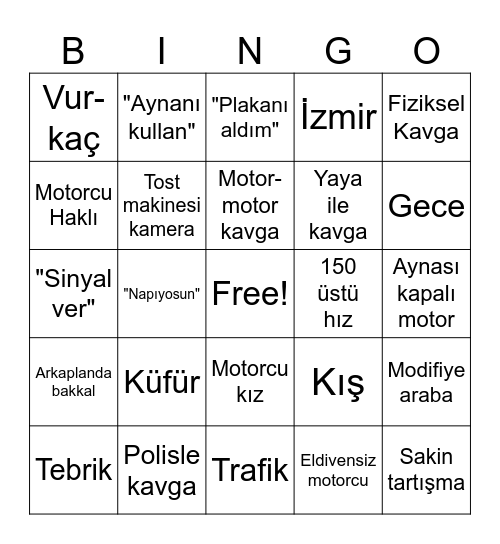Motorcu Kavgası Bingo Card