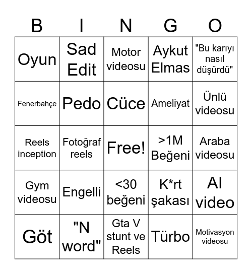 İnsta Reels Bingo Card