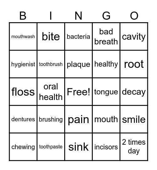 Oral Hygiene Bingo Card