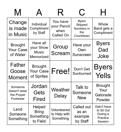 Titan Band Camp Bingo Card