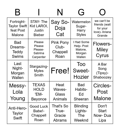 2020s Top Hits Bingo Card
