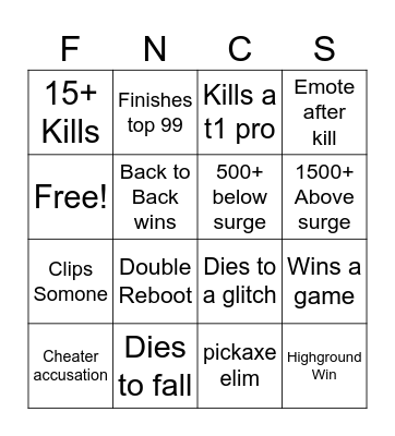 VTP FNCS Bingo Card