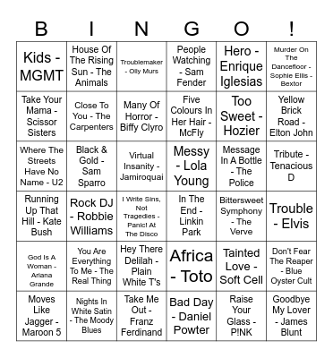 Our House Musical Bingo Card