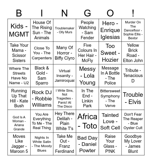 Our House Musical Bingo Card