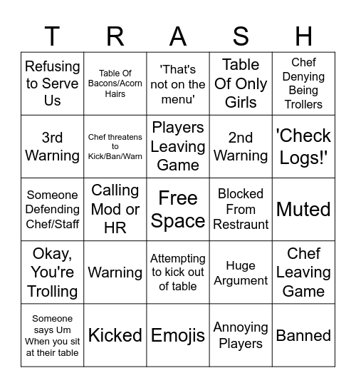Hibachi Bingo Card