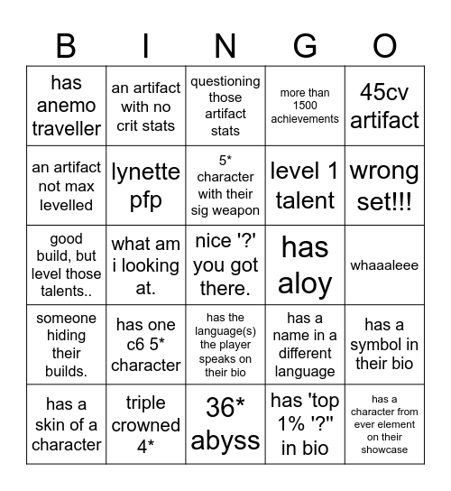 genshin coop page bingo Card