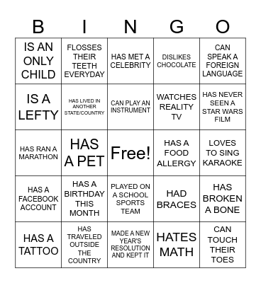 GET TO KNOW YOU BINGO Card