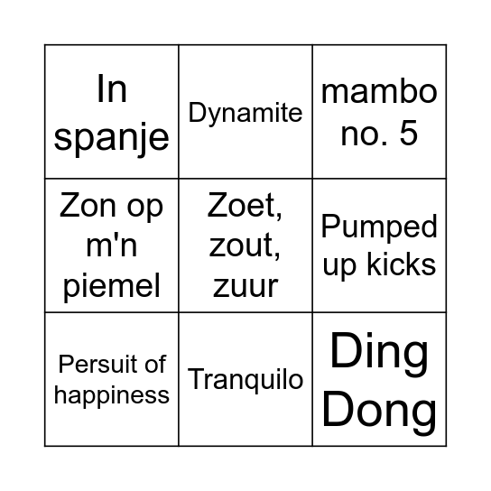 Muziek Bingo Card