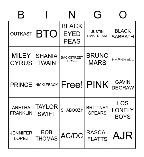 WHOS THAT ARTIST Bingo Card