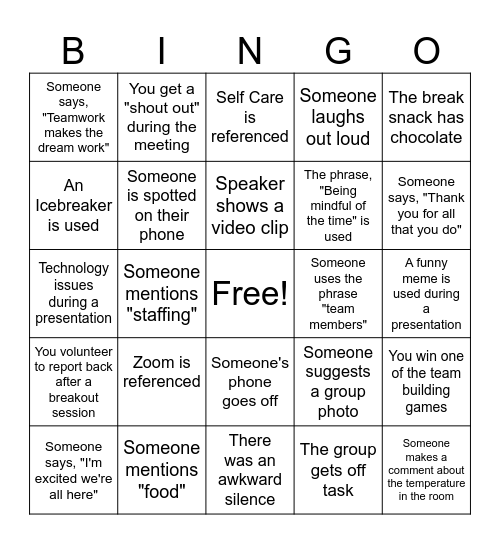 Administrative Retreat Bingo Card