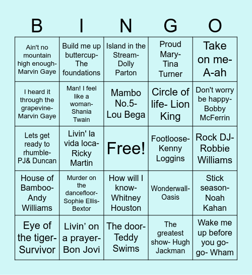 Safe Hands Music Bingo Card