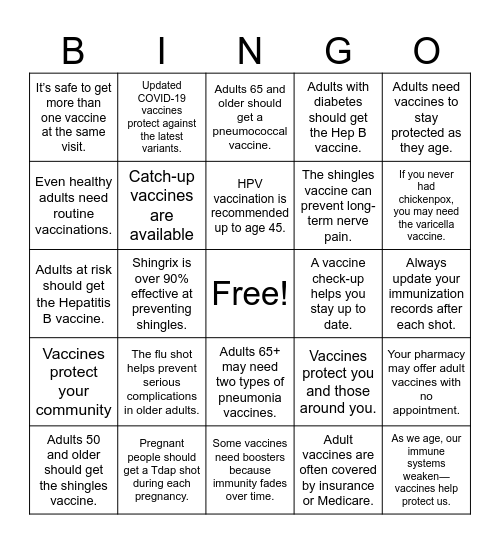 Adult Immunization Bingo Card