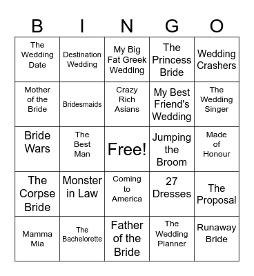 Bridal Movie Bingo Card