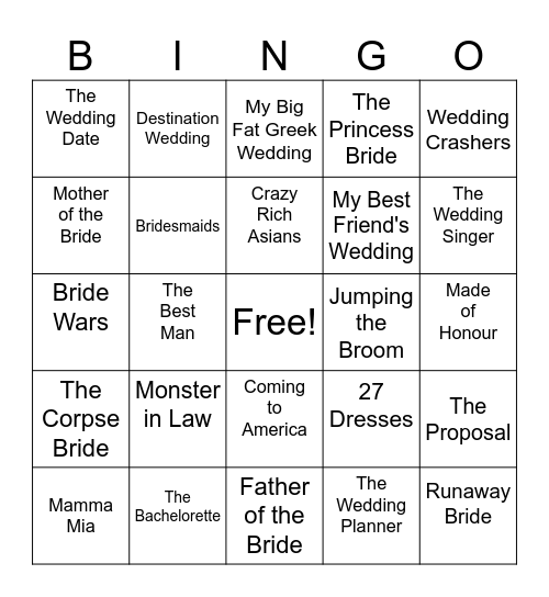 Bridal Movie Bingo Card